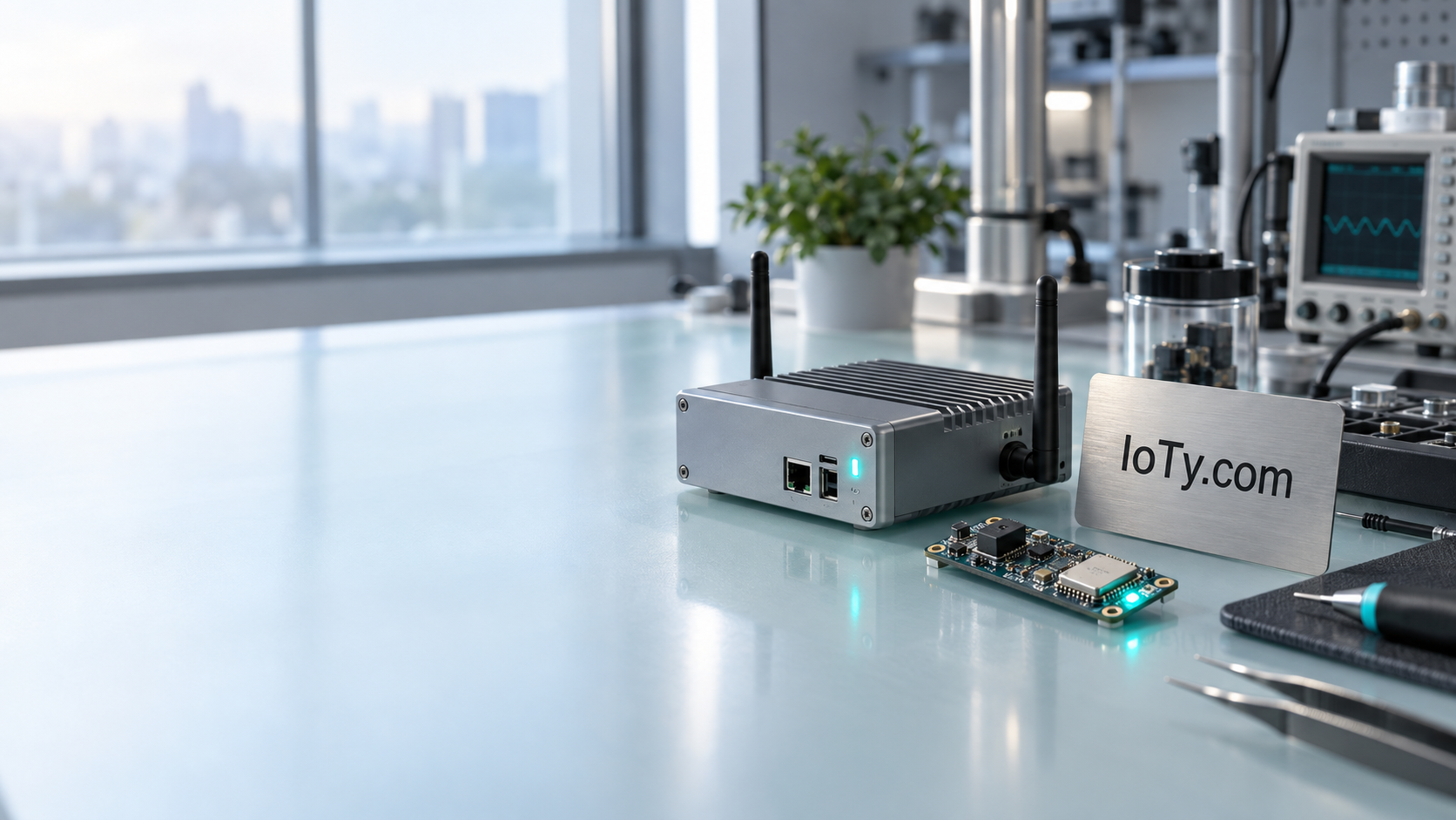 IoTy.com nameplate, gateway, and sensor module on a cool daylight workbench