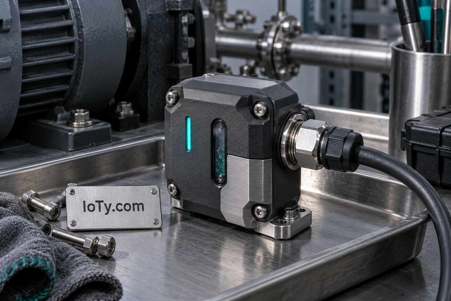 Industrial gateway and sensor hardware with restrained teal details